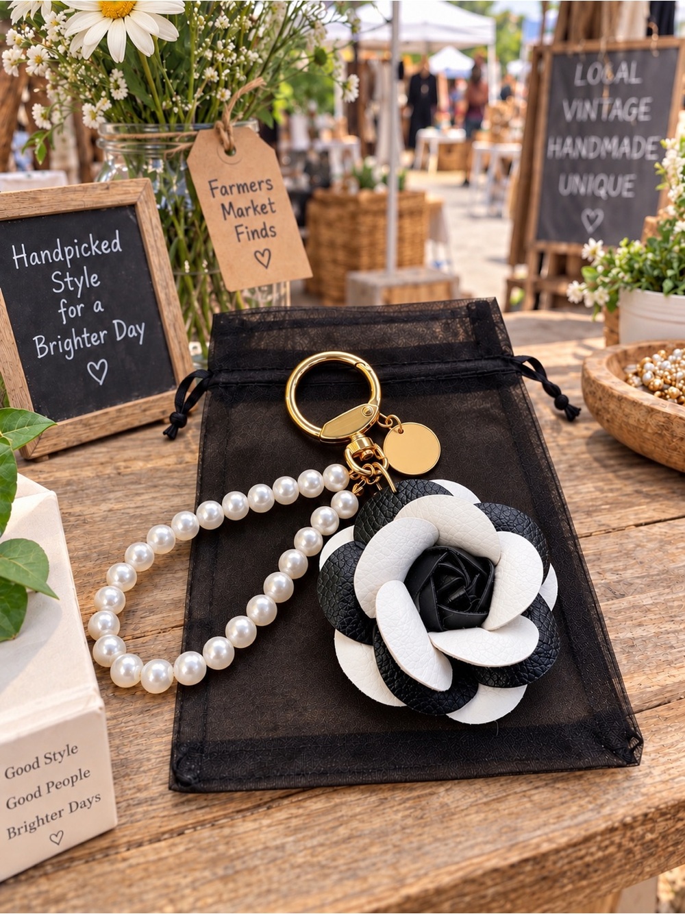 Bag Charm Keyring with Black & White Camellia & Pearl Accent NWOT